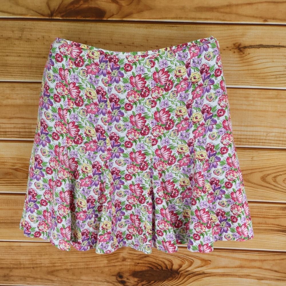 Ann Taylor LOFT Pleated Skirt Womens 14 Colorful Floral 100% Linen Knee Length